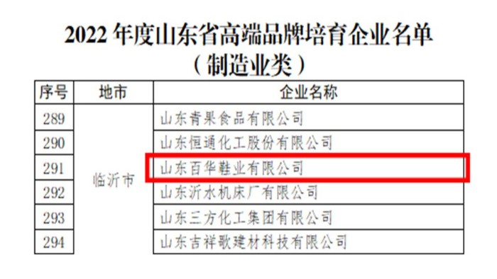 喜報|百華鞋業成功入選2022年度山東省高端品牌培育企業名單